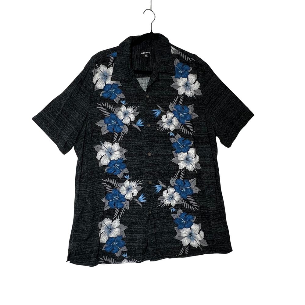 GEORGE Hawaiian Shirt Mens XL Black Blue Floral Rayon Camp Casual